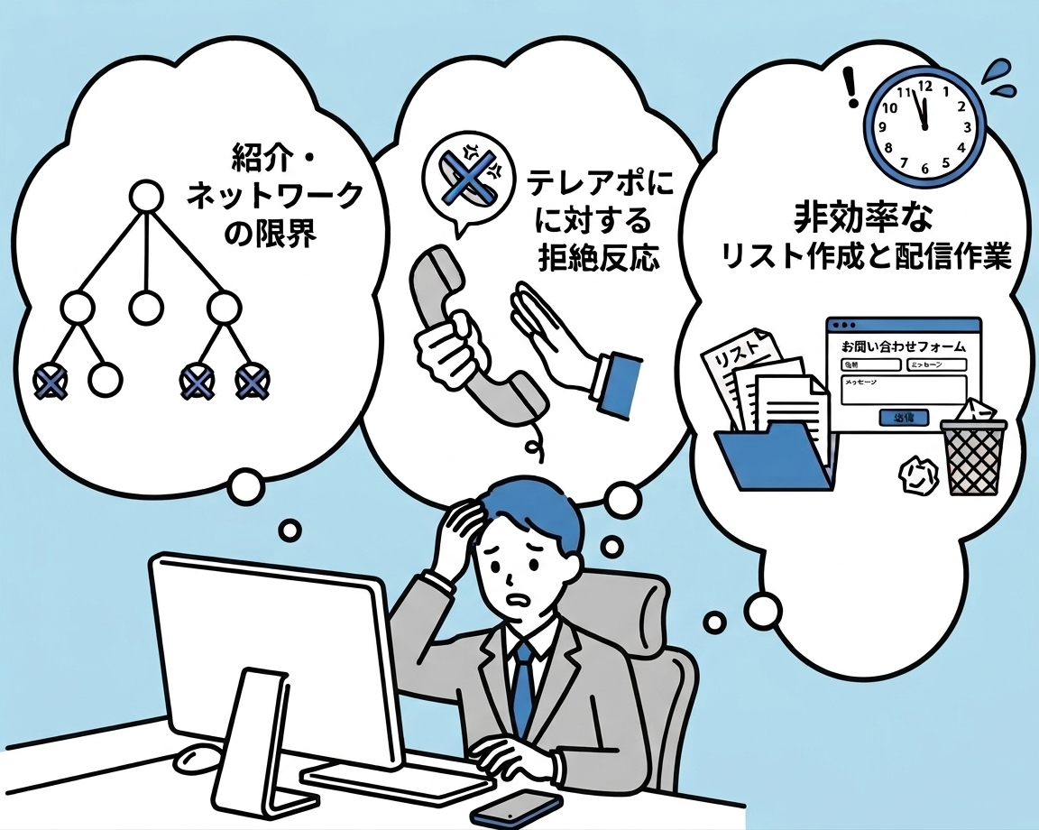 M&Aアドバイザーが売り手案件の開拓に行き詰まり、紹介ネットワークの限界・テレアポへの拒絶反応・非効率なリスト作成と配信作業という3つの課題に頭を抱えている様子