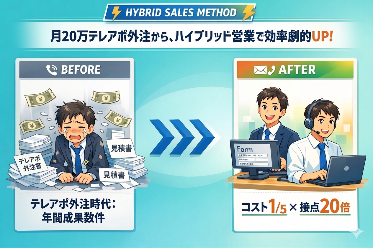ハイブリッド営業のビフォーアフター比較図。Before:テレアポ外注時代は月20万円のコストで年間成果数件。After:ハイブリッド営業導入後はコスト1/5、接点20倍に効率アップ